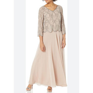 J Kara Women's V Neck Sleeve Scallop Beaded Top Long  Dress  Pink Blush size 18